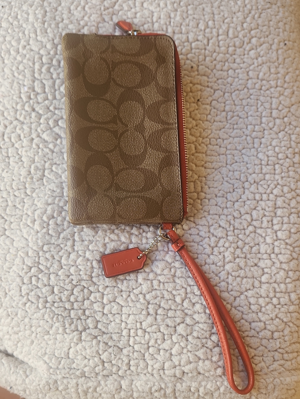 Coach Brown Signature Canvas Wristlet with Coral Trim